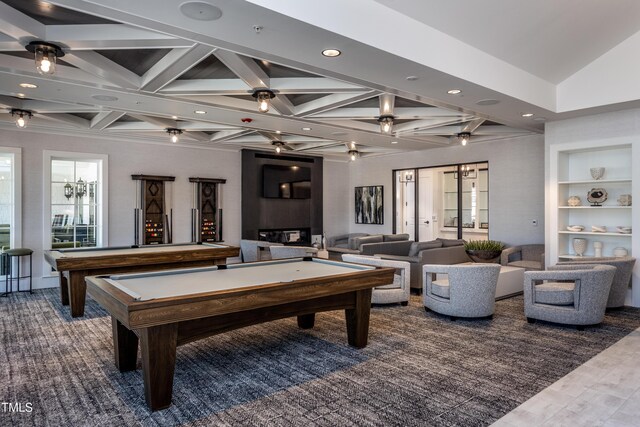 2516 Del Webb Gardens Dr, Fuquay Varina, NC 27526 - recreation room with billiards table, recessed lighting, coffered ceiling, beamed ceiling, and built in shelves
