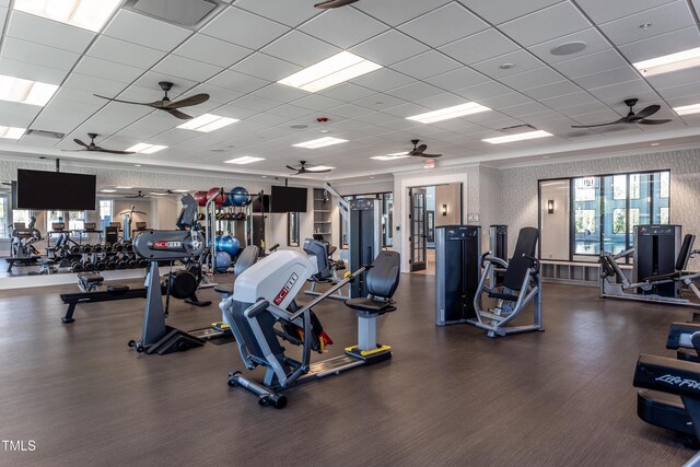 2516 Del Webb Gardens Dr, Fuquay Varina, NC 27526 - gym featuring a ceiling fan and a drop ceiling
