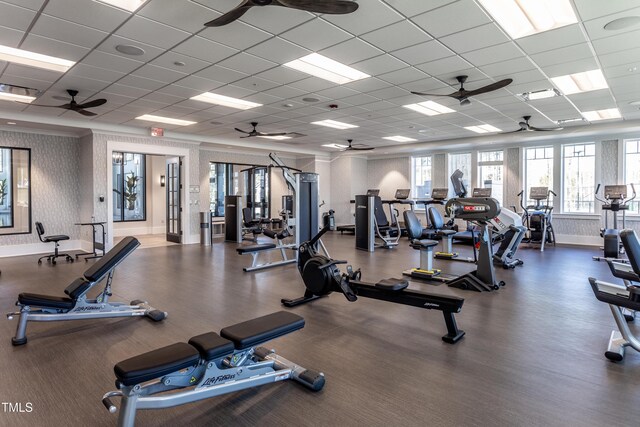 2516 Del Webb Gardens Dr, Fuquay Varina, NC 27526 - gym featuring a ceiling fan, wallpapered walls, and a paneled ceiling
