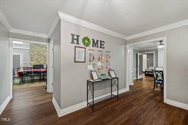 9801 Honeycutt Rd, Raleigh, NC 27614 - hallway featuring dark wood finished floors, ornamental molding, and baseboards