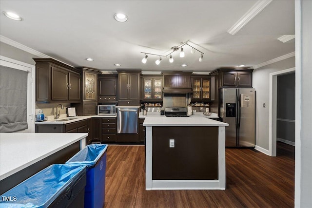 9801 Honeycutt Rd, Raleigh, NC 27614 - kitchen with stainless steel appliances, a sink, crown molding, dark brown cabinetry, and light countertops