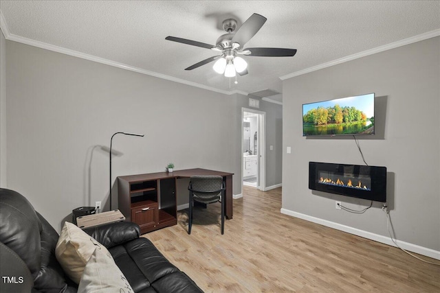 9801 Honeycutt Rd, Raleigh, NC 27614 - living area with light wood-style flooring, a ceiling fan, ornamental molding, baseboards, and a textured ceiling