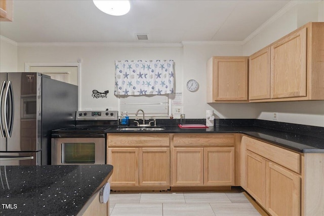 9801 Honeycutt Rd, Raleigh, NC 27614 - kitchen featuring a sink, appliances with stainless steel finishes, light brown cabinetry, crown molding, and dark stone counters