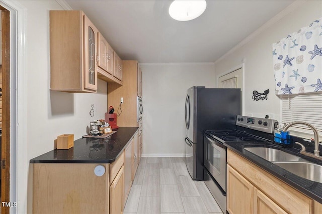 9801 Honeycutt Rd, Raleigh, NC 27614 - kitchen featuring stainless steel appliances, a sink, light brown cabinetry, glass insert cabinets, and ornamental molding