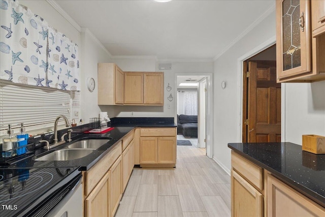 9801 Honeycutt Rd, Raleigh, NC 27614 - kitchen with light brown cabinetry, a sink, ornamental molding, dark stone counters, and electric range oven
