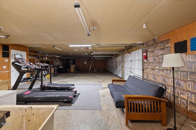 9801 Honeycutt Rd, Raleigh, NC 27614 - garage featuring wooden walls