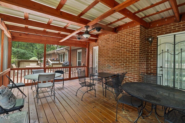 9801 Honeycutt Rd, Raleigh, NC 27614 - wooden terrace featuring outdoor dining area and ceiling fan