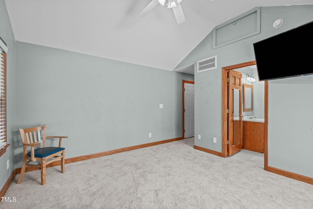 502 Hillcrest Rd, Apex, NC 27502 - carpeted bedroom featuring lofted ceiling, ensuite bath, and a ceiling fan