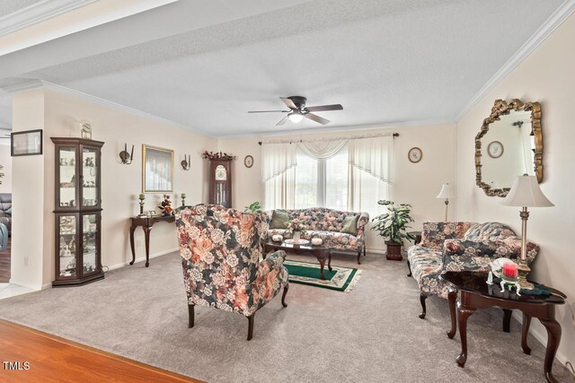 4403 Jeffries Rd, Durham, NC 27704 - living room with ornamental molding, a ceiling fan, carpet flooring, a textured ceiling, and baseboards