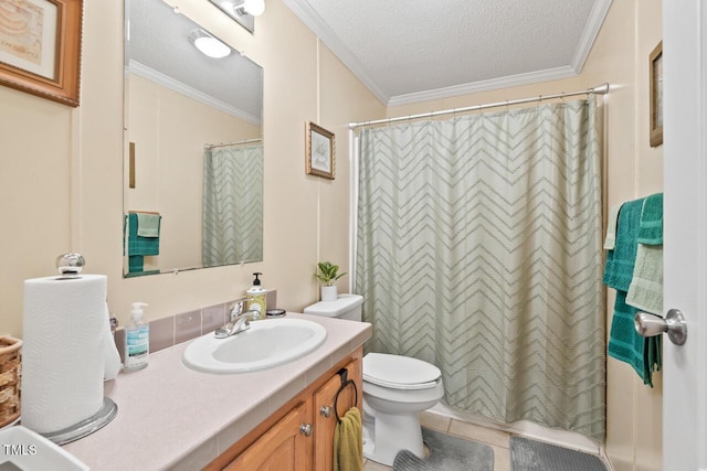 4403 Jeffries Rd, Durham, NC 27704 - full bath with toilet, vanity, a textured ceiling, crown molding, and curtained shower