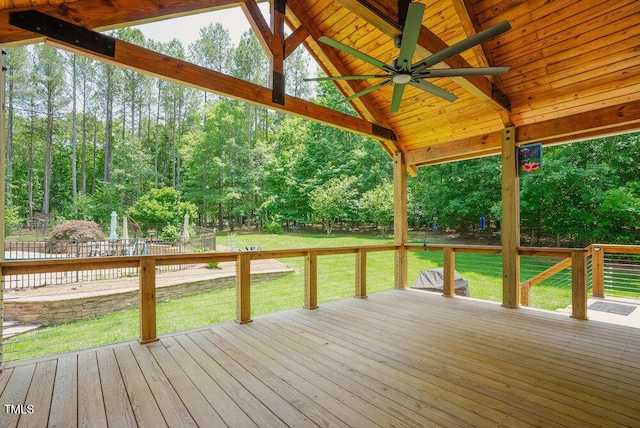 1005 Hidden River Ct, Raleigh, NC 27614 - wooden deck with a ceiling fan and view of wooded area