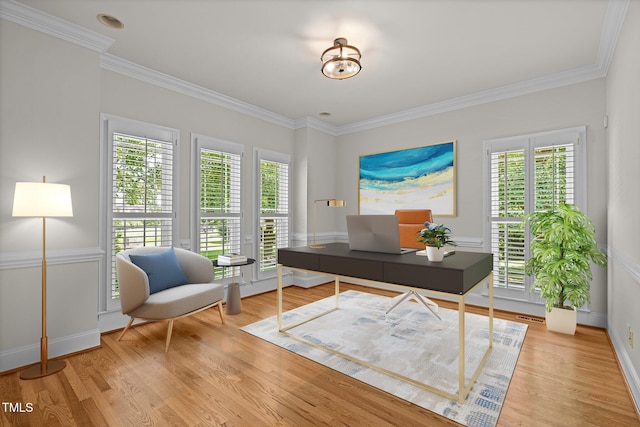 5108 Briton Pl, Fuquay Varina, NC 27526 - office area featuring wood finished floors, crown molding, and baseboards