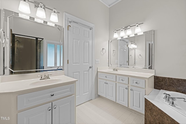 5108 Briton Pl, Fuquay Varina, NC 27526 - bathroom with two vanities, a bath, and a shower with door