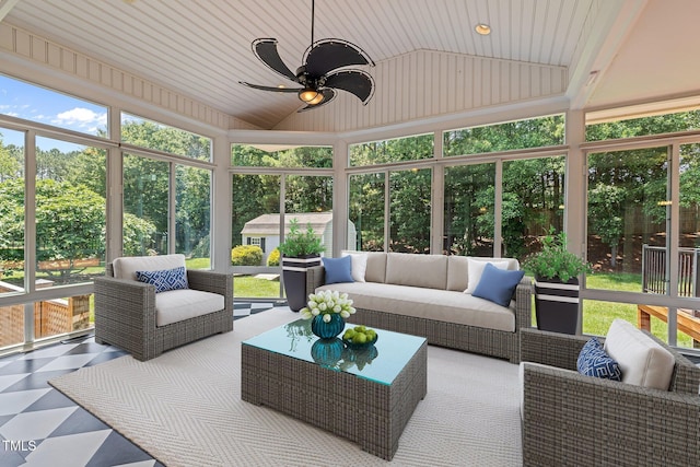 5108 Briton Pl, Fuquay Varina, NC 27526 - sunroom / solarium with plenty of natural light, a ceiling fan, lofted ceiling, and outdoor lounge area