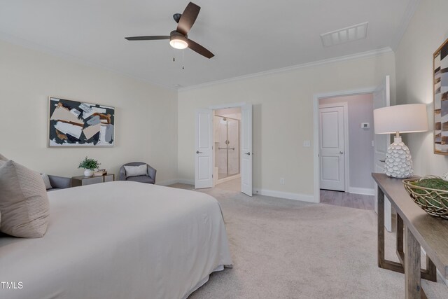 3020 High Plains Dr, Fuquay Varina, NC 27526 - bedroom with ornamental molding, light colored carpet, baseboards, a ceiling fan, and ensuite bath