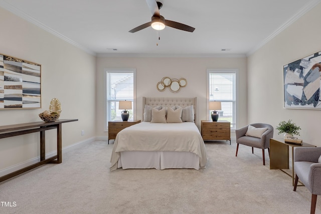 3020 High Plains Dr, Fuquay Varina, NC 27526 - bedroom with light colored carpet, crown molding, multiple windows, a ceiling fan, and baseboards