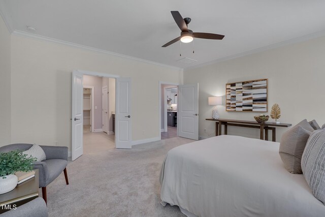3020 High Plains Dr, Fuquay Varina, NC 27526 - bedroom featuring crown molding, light carpet, baseboards, and a ceiling fan