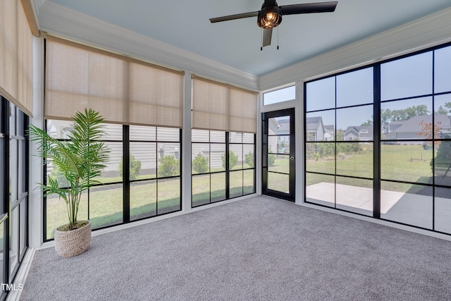 3020 High Plains Dr, Fuquay Varina, NC 27526 - unfurnished sunroom featuring ceiling fan, ornamental molding, and carpet