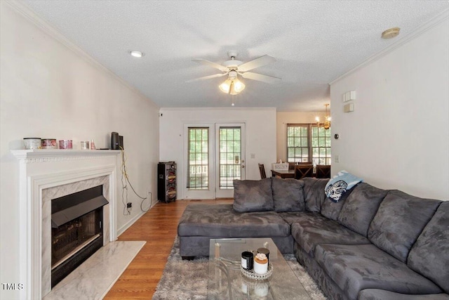 4108 Lazyriver Ln, Durham, NC 27712 - living room with crown molding, ceiling fan, light wood-type flooring, a textured ceiling, and a chandelier