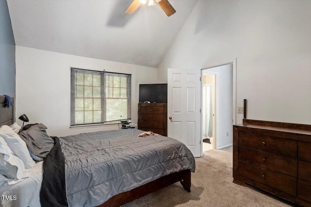 4108 Lazyriver Ln, Durham, NC 27712 - bedroom with light colored carpet, high vaulted ceiling, and a ceiling fan