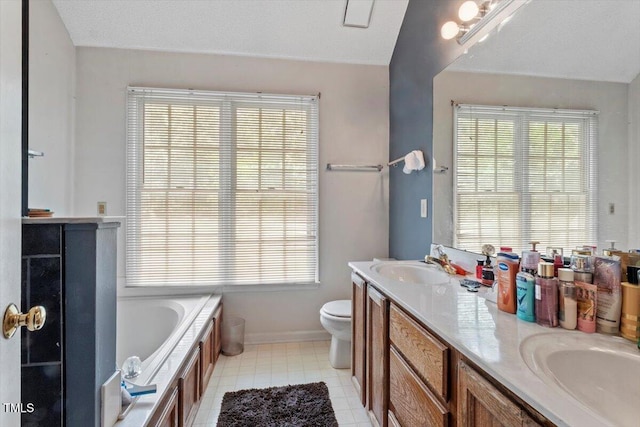 4108 Lazyriver Ln, Durham, NC 27712 - bathroom featuring toilet, double vanity, a bath, baseboards, and plenty of natural light
