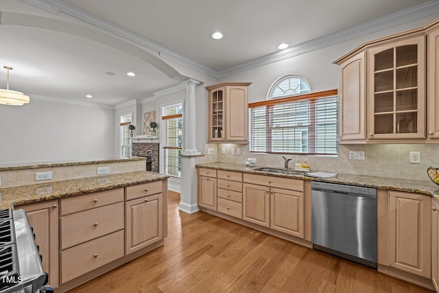 4913 Great Meadows Ct, Raleigh, NC 27609 - kitchen featuring dishwasher, light brown cabinetry, a sink, crown molding, and recessed lighting