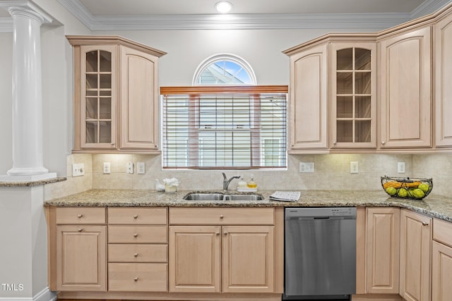 4913 Great Meadows Ct, Raleigh, NC 27609 - kitchen with dishwasher, light brown cabinets, a sink, decorative columns, and ornamental molding