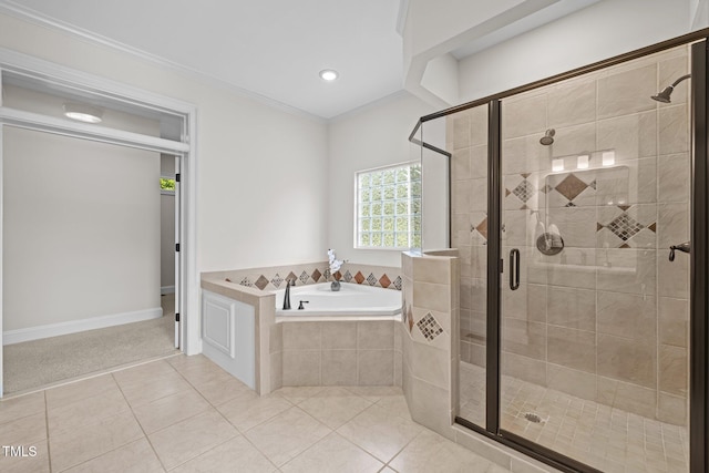 4913 Great Meadows Ct, Raleigh, NC 27609 - full bath featuring a garden tub, tile patterned floors, a shower stall, crown molding, and recessed lighting