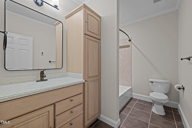 4913 Great Meadows Ct, Raleigh, NC 27609 - bathroom featuring crown molding, vanity, toilet, washtub / shower combination, and tile patterned flooring