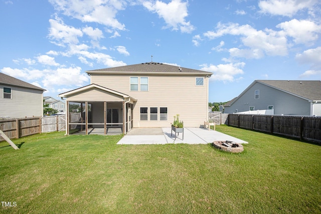 1305 Ivey Grove Ct, Fuquay Varina, NC 27526 - rear view of house with a sunroom, a fire pit, a patio area, and a fenced backyard