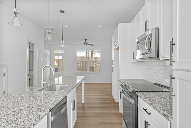4821 Gossamer Ln Unit 102, Raleigh, NC 27616 - kitchen with stainless steel appliances, a sink, light wood-style flooring, decorative backsplash, and ceiling fan