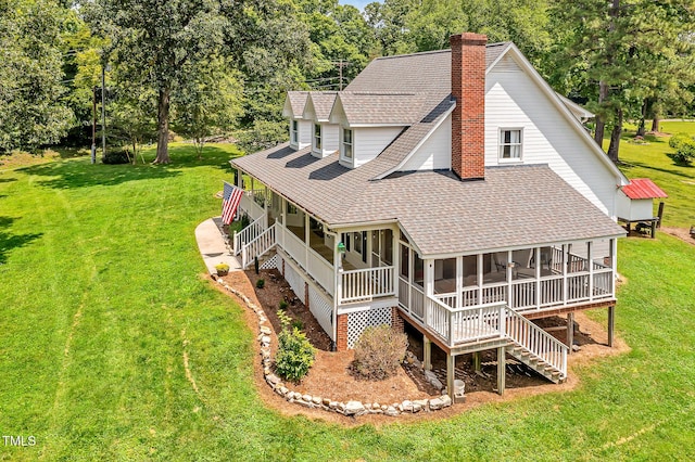 4702 Pleasant Green Rd, Durham, NC 27705 - rear view of property featuring roof with shingles, a chimney, a lawn, and stairs