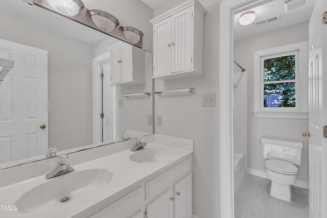 6201 Bayswater Trl, Raleigh, NC 27612 - bathroom featuring double vanity, toilet, tile patterned floors, baseboards, and shower / bath combo