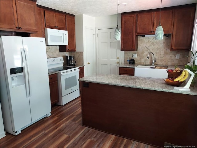 844 Montrose Rd, Raeford, NC 28376 - kitchen featuring white appliances, dark wood-style flooring, decorative backsplash, a sink, and light stone countertops