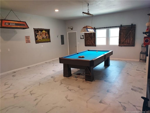 844 Montrose Rd, Raeford, NC 28376 - rec room featuring billiards table, baseboards, recessed lighting, and marble finish flooring