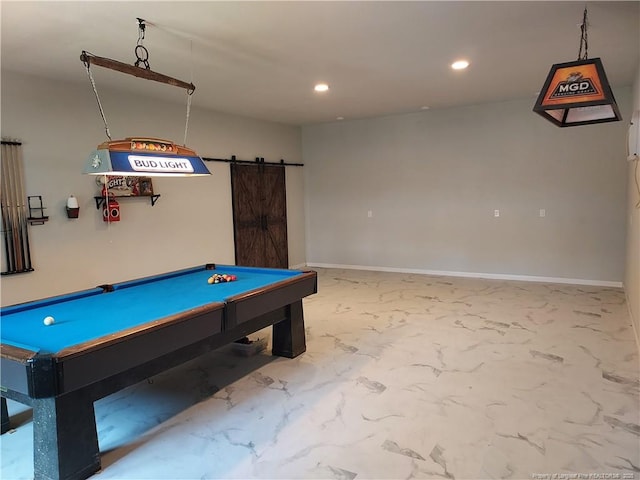 844 Montrose Rd, Raeford, NC 28376 - playroom featuring a barn door, pool table, recessed lighting, marble look tile flooring, and baseboards