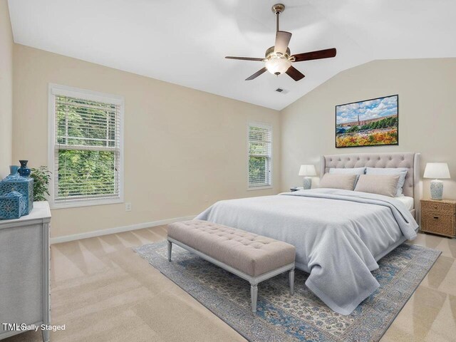 4719 Altha St, Raleigh, NC 27606 - bedroom featuring light carpet, lofted ceiling, and ceiling fan