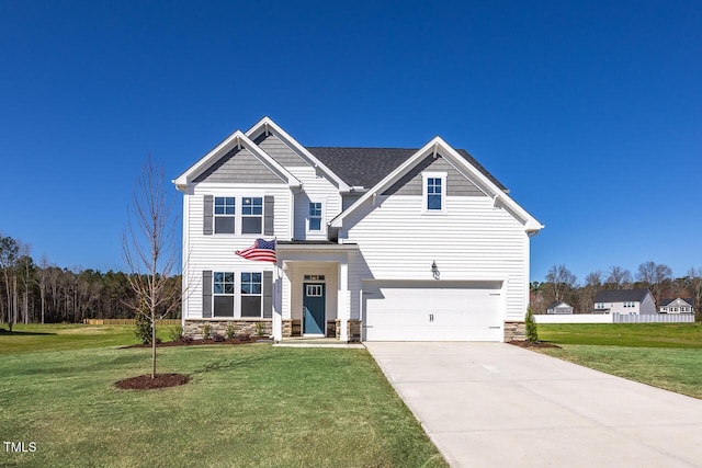 267 Old Fashioned Way, Lillington, NC 27546 - traditional home with an attached garage, stone siding, a front yard, and concrete driveway