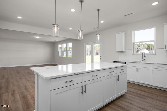 267 Old Fashioned Way, Lillington, NC 27546 - kitchen with a sink, dark wood-style flooring, recessed lighting, a kitchen island, and white cabinets