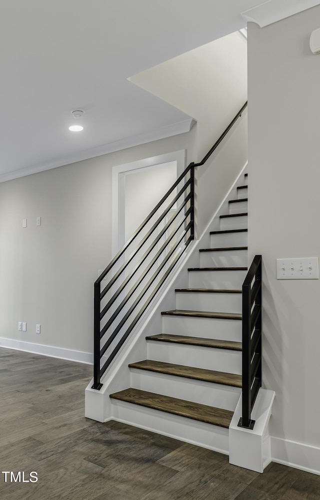 974 Double Helix Rd, Apex, NC 27523 - stairway featuring baseboards, wood finished floors, recessed lighting, and ornamental molding