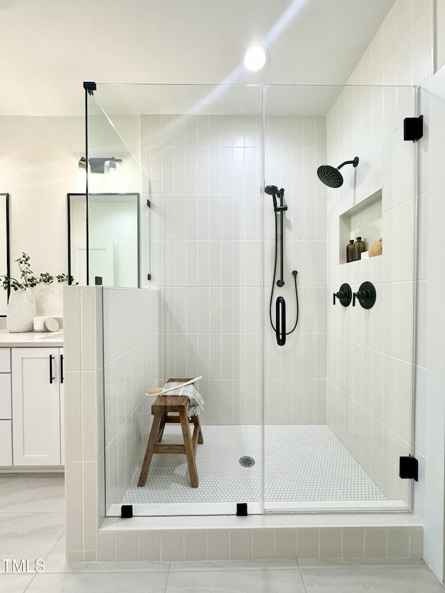 974 Double Helix Rd, Apex, NC 27523 - bathroom with a shower stall, vanity, tile patterned floors, and recessed lighting