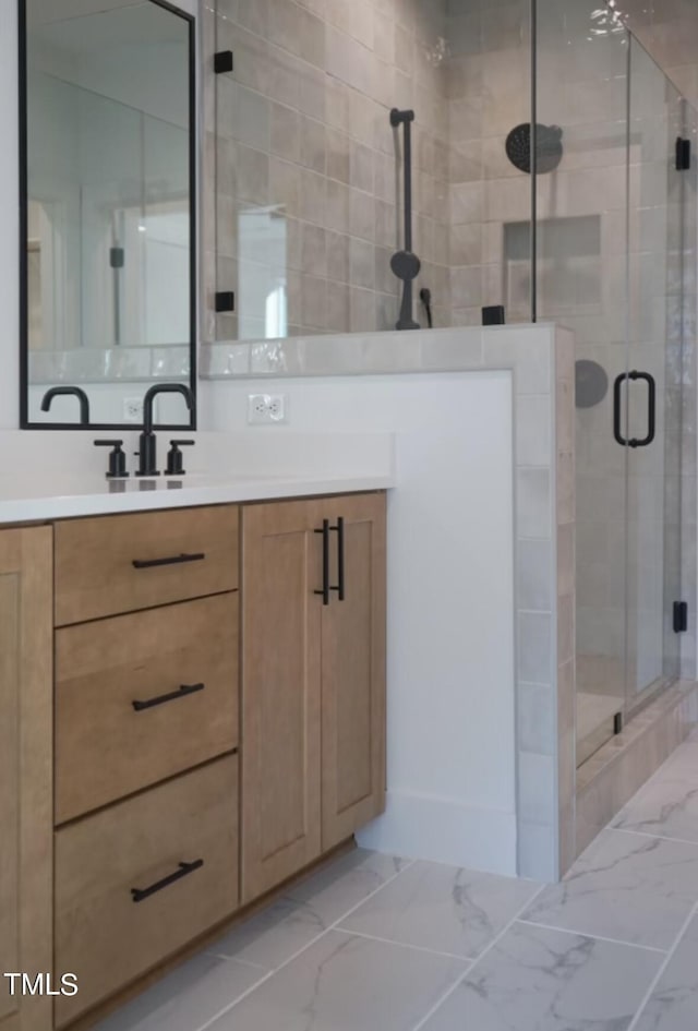 974 Double Helix Rd, Apex, NC 27523 - full bathroom with vanity, a shower stall, and marble finish flooring