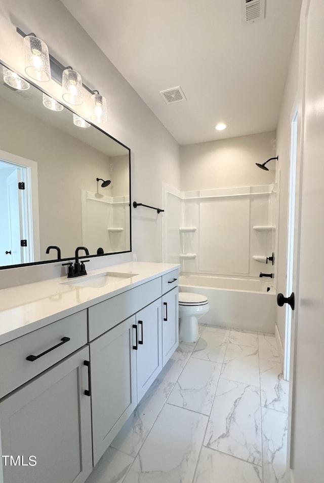 974 Double Helix Rd, Apex, NC 27523 - bathroom with recessed lighting, vanity, toilet, marble finish floors, and tub / shower combination