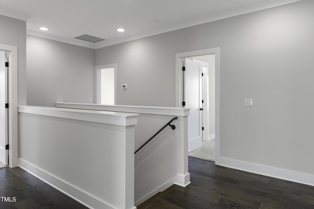 974 Double Helix Rd, Apex, NC 27523 - hall featuring an upstairs landing, ornamental molding, recessed lighting, baseboards, and dark wood finished floors