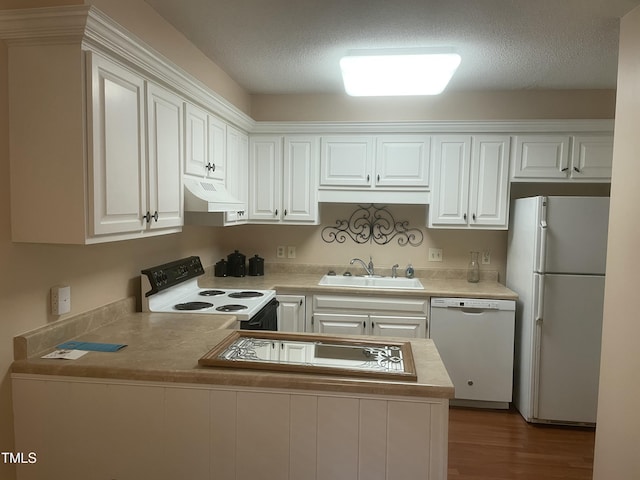 1913 Rendall St, Burlington, NC 27215 - kitchen with white appliances, under cabinet range hood, a sink, white cabinetry, and light countertops