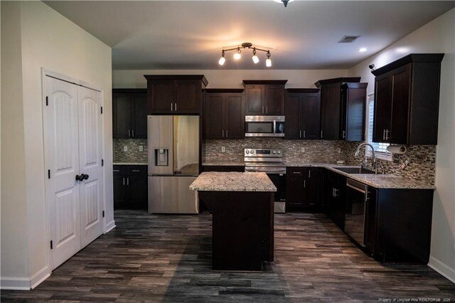 579 Wedgefield Dr, Raeford, NC 28376 - kitchen featuring appliances with stainless steel finishes, a sink, a center island, dark wood-style flooring, and backsplash