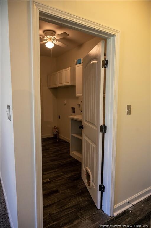 579 Wedgefield Dr, Raeford, NC 28376 - washroom featuring cabinet space, hookup for a washing machine, dark wood-style floors, baseboards, and a ceiling fan