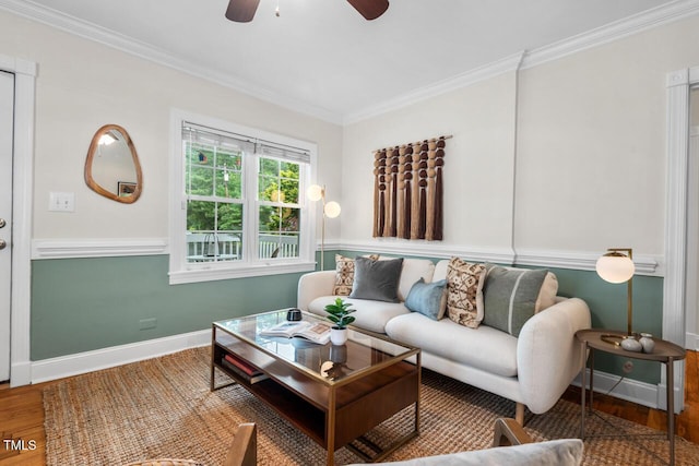 1826 Northgate St, Durham, NC 27704 - living area featuring crown molding, ceiling fan, wood finished floors, and baseboards