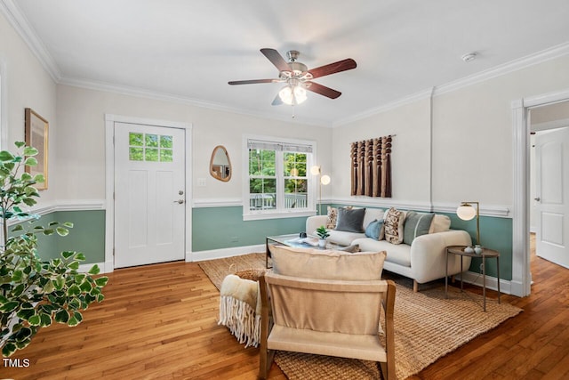 1826 Northgate St, Durham, NC 27704 - living area with light wood-style floors, baseboards, crown molding, and ceiling fan