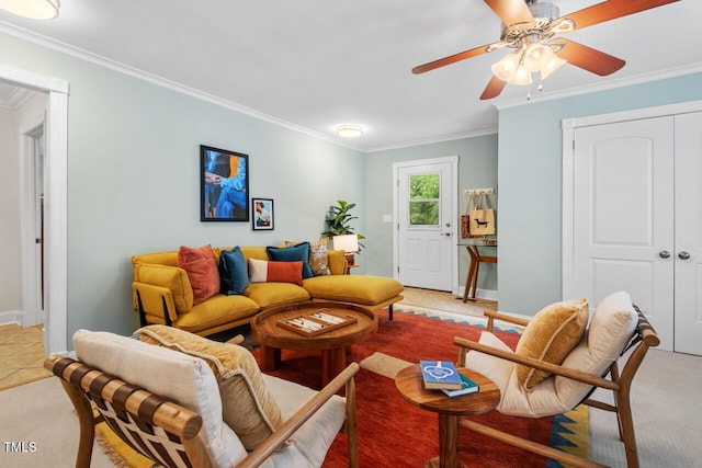 1826 Northgate St, Durham, NC 27704 - living room featuring ornamental molding, light carpet, baseboards, and ceiling fan